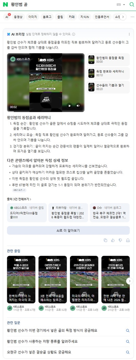 황인범 골에 대한 AI 브리핑 검색 결과